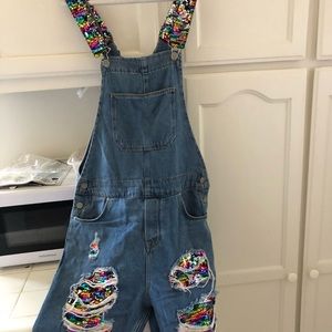 Denim and sequin overalls